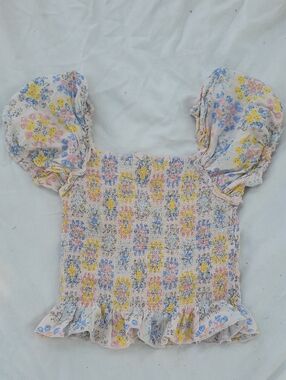 Wonder Nation Pastel Floral Smocked Puff-Sleeve Top Youth Size L (10-12)